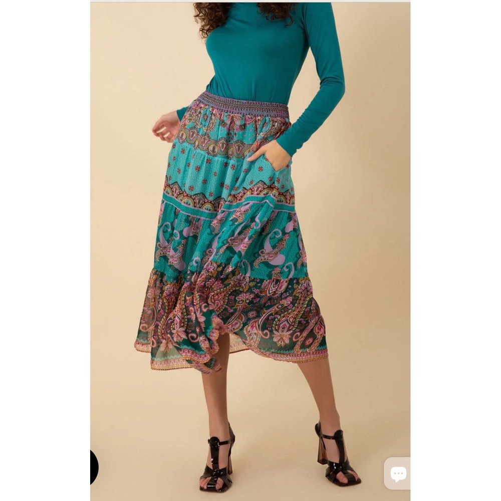 Hale Bob Maliyah Silk Blend Paisley Tiered Maxi Skirt Boho Luxe Festival Indie L